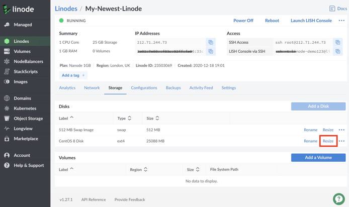 Resize the Linode disk