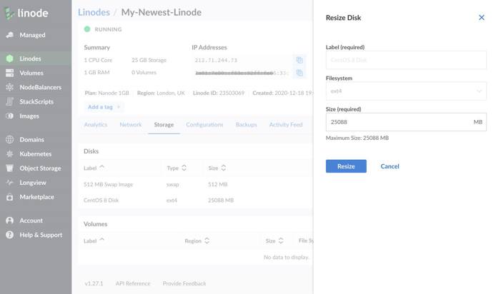 Resize the Linode disk and submit